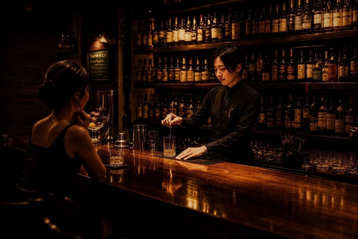 すすきの Authentic Bar STARS 2003 木村絵理バーテンダーが女性のお客様にカクテルをお創りしている様子。女性一人でも安心の本格オーセンティックバー
