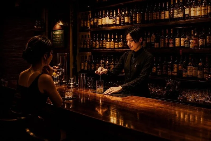 すすきの Authentic Bar STARS 2003 木村絵理バーテンダーが女性のお客様にカクテルをお創りしている様子。女性一人でも安心の本格オーセンティックバー